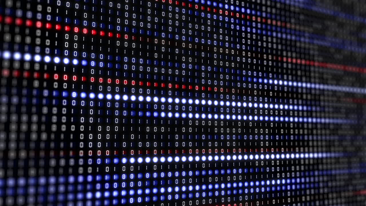 Round pixels of an electronic display with changing software binary code. Colored glowing lines on the screen. Digital abstract looped background.