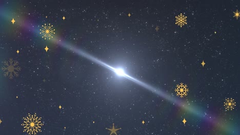 animación de copos de nieve parpadeando y luz brillante sobre fondo negro con espacio de copia