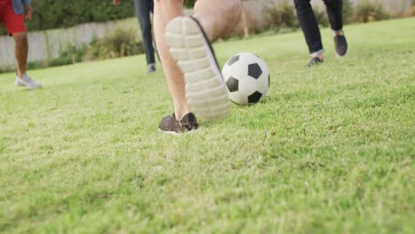 Diverse-male-friends-playing-football-in-garden-on-sunny-day