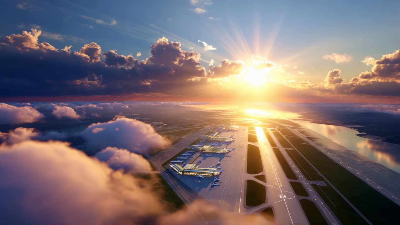 Aerial View of an Airport at Sunrise: Captivating Scene with Airplanes, Runways, and Soft Clouds Illuminated by the Warm Glow of the Rising Sun, Creating a Serene and Picturesque Landscape