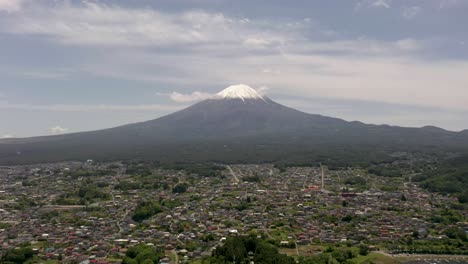 aerial of iconic and majestic volcano mount fuji with scenic landscape, and snow-capped peak on clear sunny day in fuji, japan