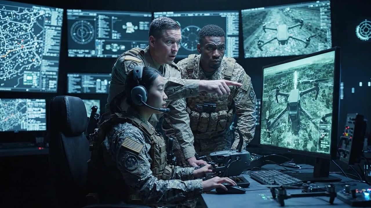Military Personnel Analyzing Tactical Data in Advanced Command Center with High-Tech Monitors Displaying Satellite Imagery and Strategy Maps