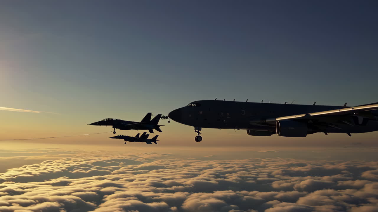 Military Aircraft in Aerial Formation at Sunrise/Sunset