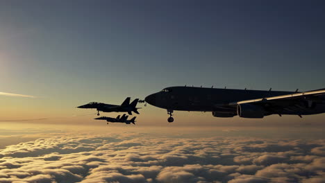 military aircraft in aerial formation at sunrise/sunset