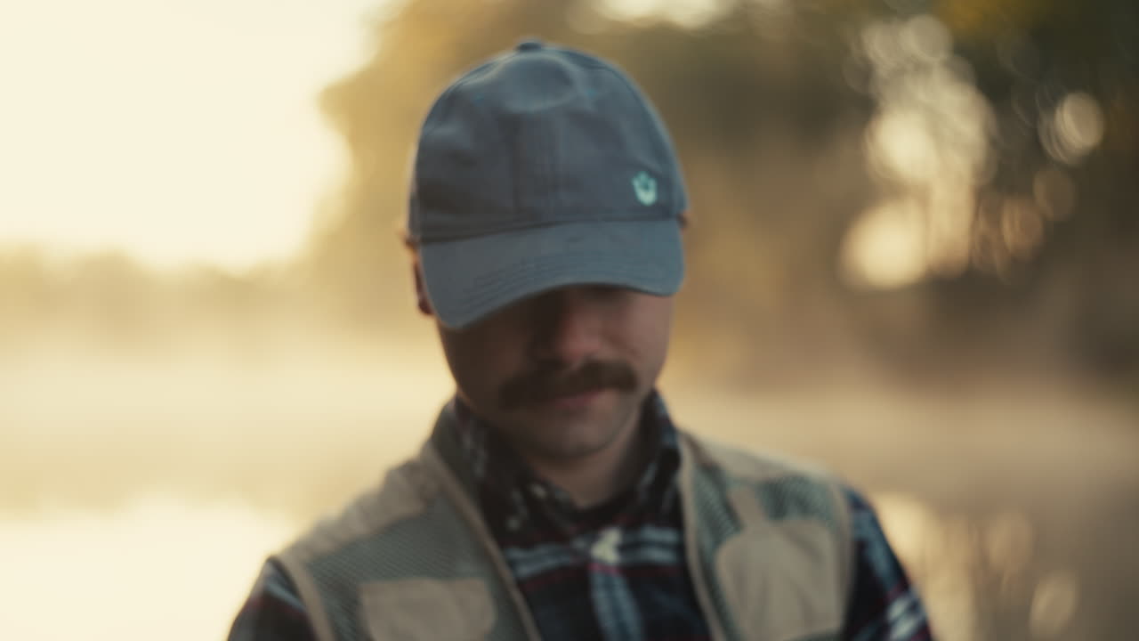 Man with mustache wearing a baseball cap at sunrise