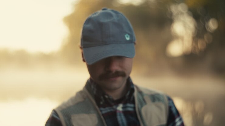 Man with mustache wearing a baseball cap at sunrise