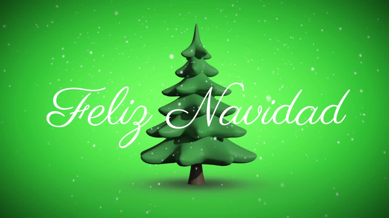 texto feliz navidad contra la nieve que cae sobre el icono del árbol de navidad giratorio en fondo verde
