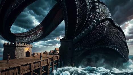 giant sea monster attacks medieval port