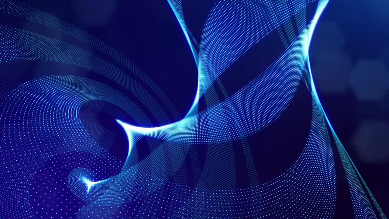 blue high tech bg with glow particles form complex spiral structure. 3d looped sci-fi bg digital space, particles form lines and surface waves. Concept of hi-tech information flow, blockchain. DOF
