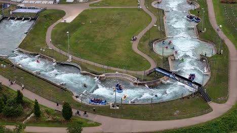 aerial view over lee valley white water centre looking down at the corner of kayaking practice training course