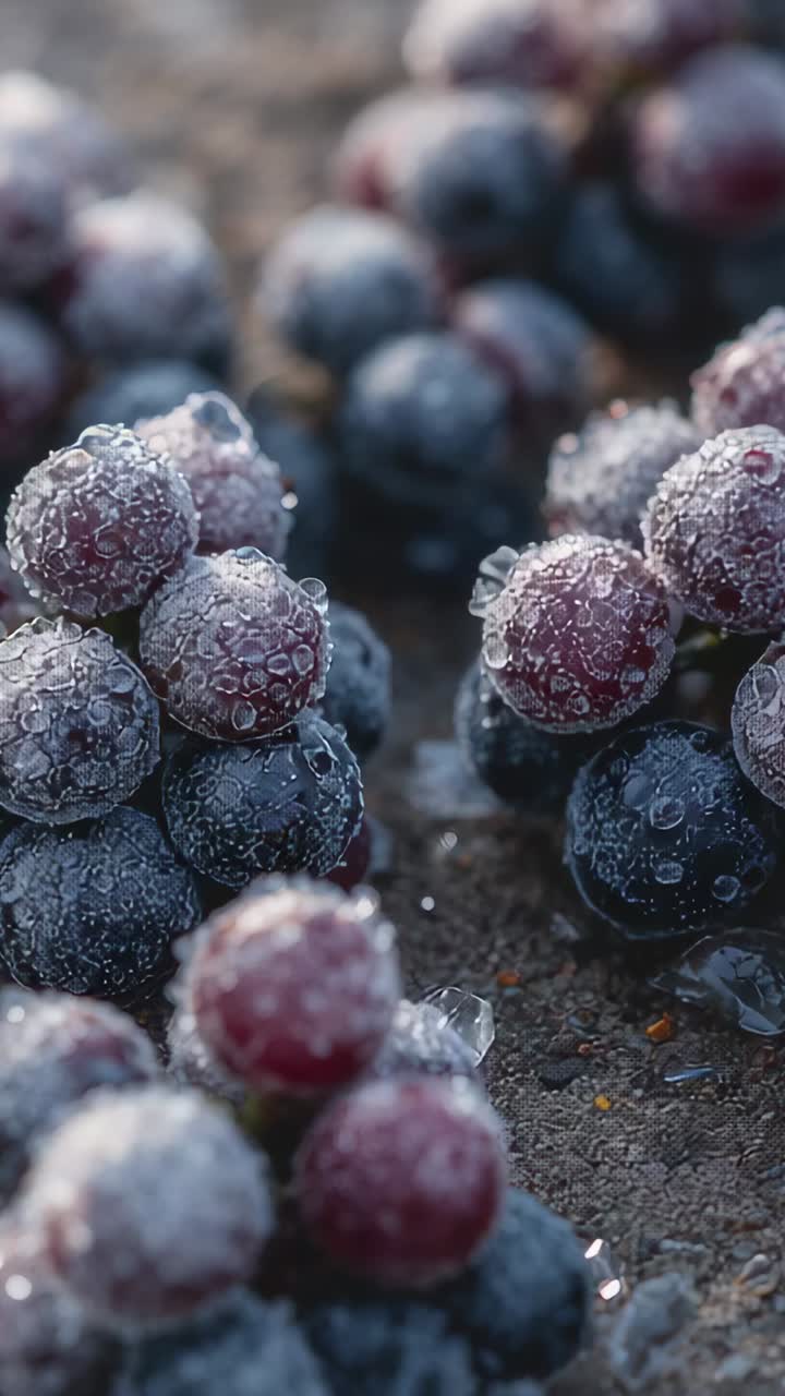 Vertical video: Shifting camera bringing frosted grapes into focus on dark tray, revealing crystals