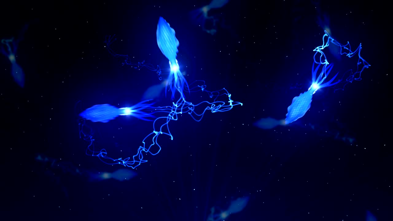 кальмар, освещенный цветным светом под водой, cg-анимация, петля