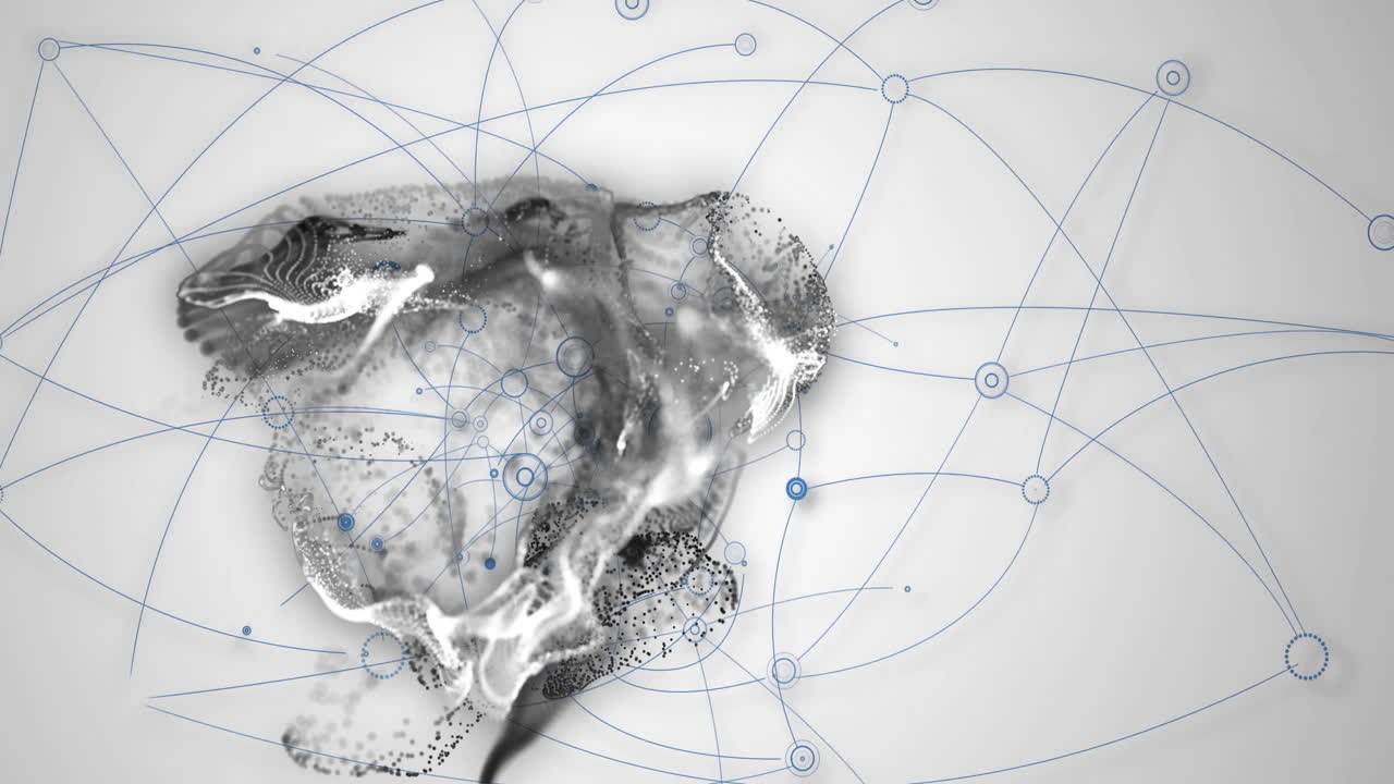 Animation of abstract network connections over grayscale illustration of animal