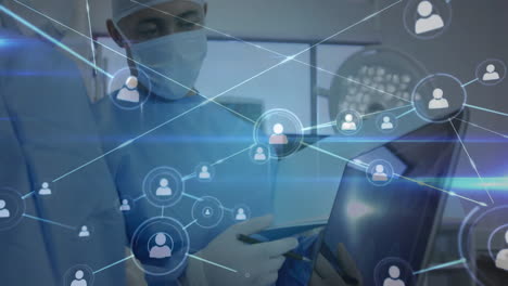 medical professionals in surgical attire with network connections animation overlay