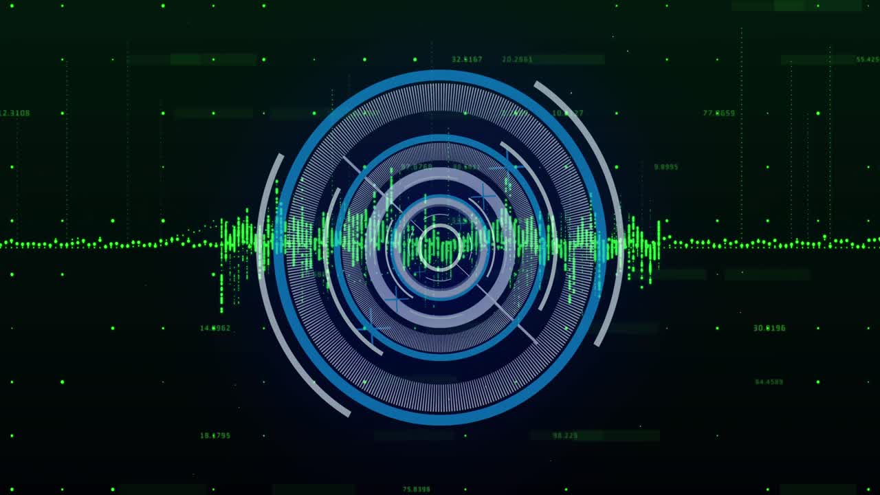 데이터 로딩 아이콘과 검은 바탕 위의 녹색 그래프에서 처리