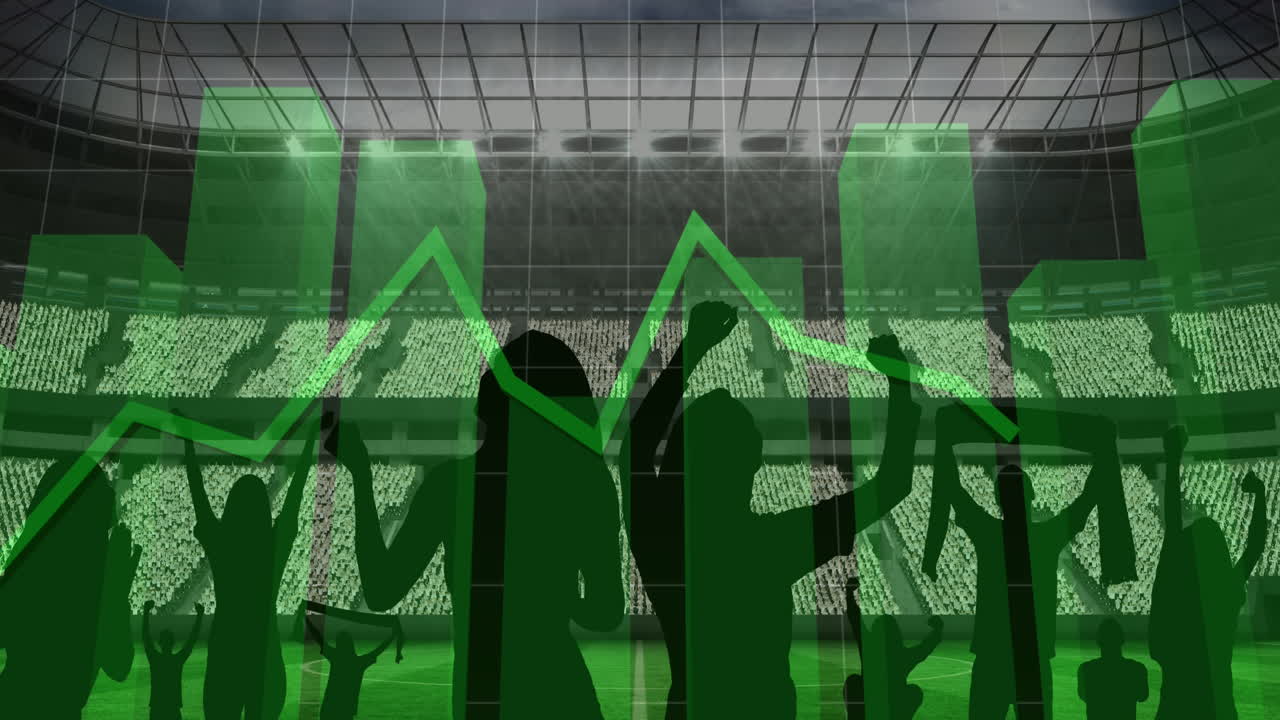 animación de gráficos verdes y procesamiento de datos sobre los aficionados en el estadio deportivo