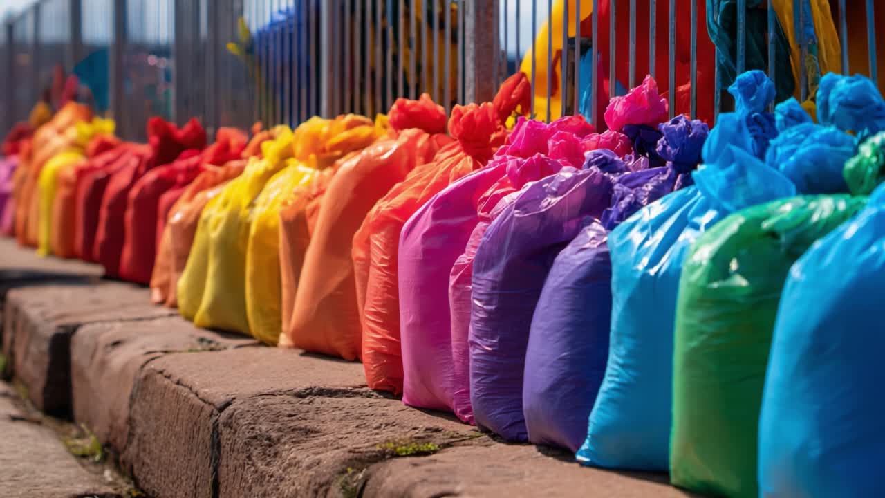 Vibrant Colored Bags Displayed in a Row by a Fence, Showcasing a Spectrum of Colors from Bright Yellow to Deep Purple, Creating a Stunning Visual Array in Natural Light