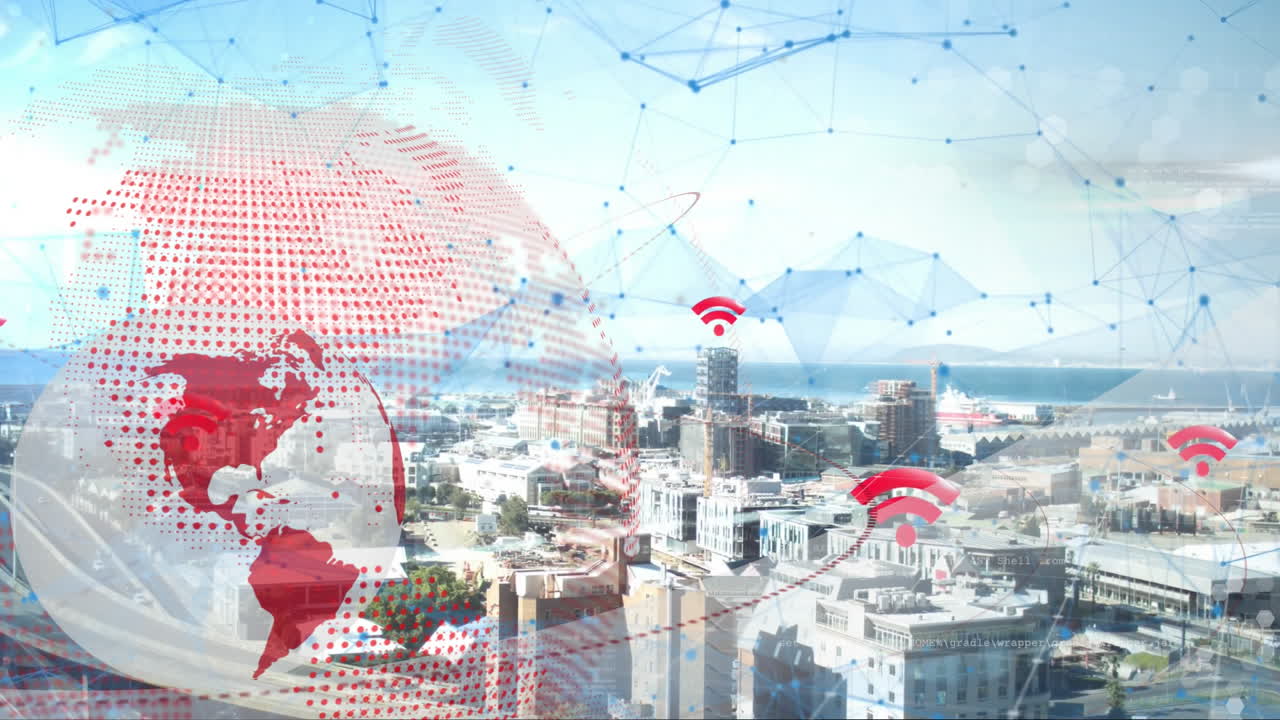 Red halftone globe spinning over urban waterfront, showing floating Wi?Fi icons and mesh overlay