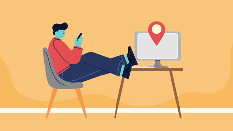 man seated using smartphone and desktop