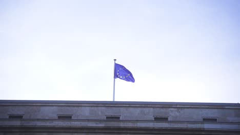 the video shows the international european flag, which blows aesthetically and calmly in the wind.
the perspective makes the flag look very expressive and powerful and political.