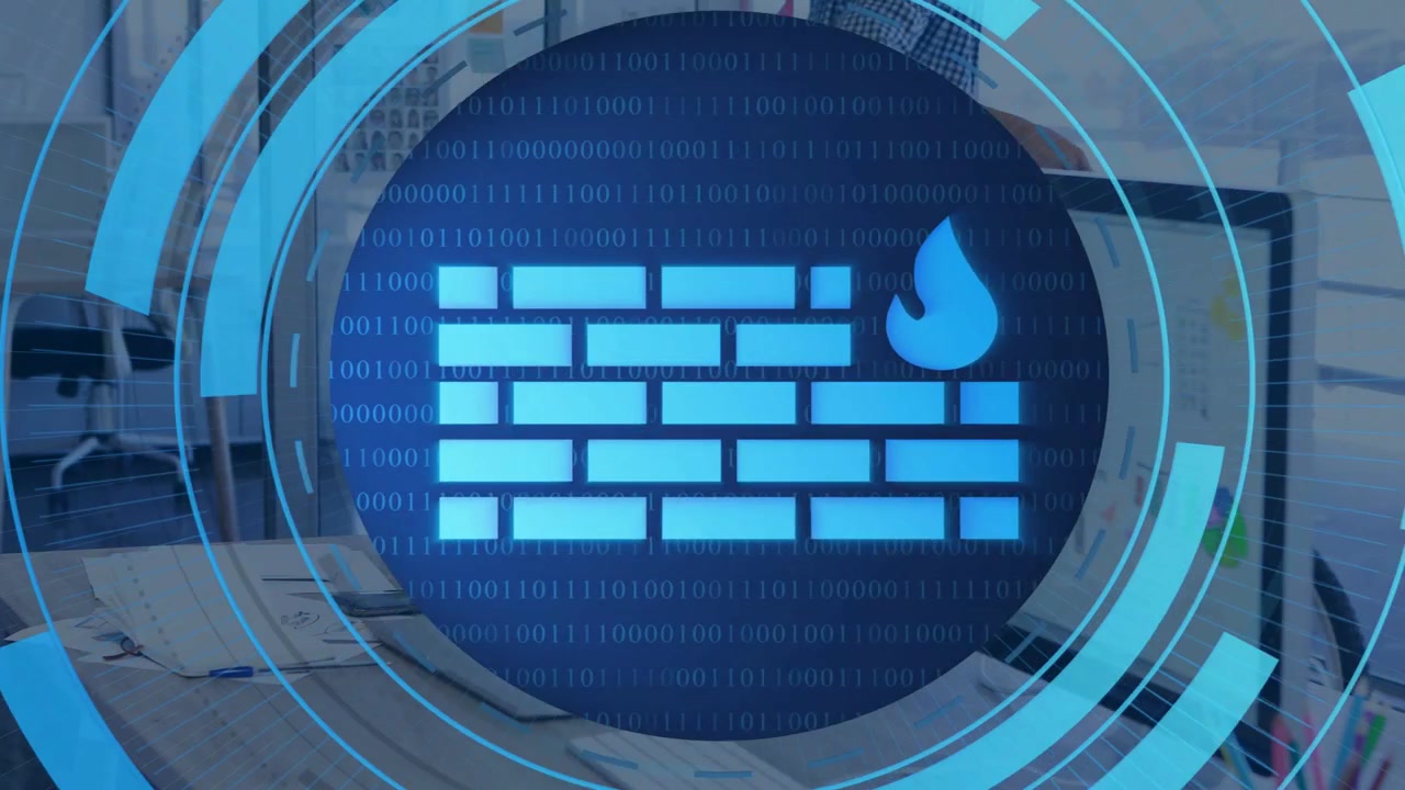 Man entering touching monitor, HUD emerging over desk, cyan rings expanding indicating firewall
