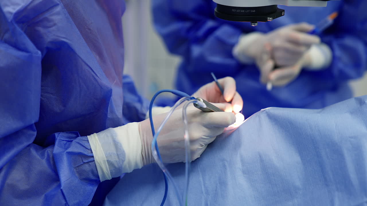 Patient during ophthalmic surgery. Hands of ophtalmology surgeons and assistants with ophtalomological surgery tools during surgical treatment