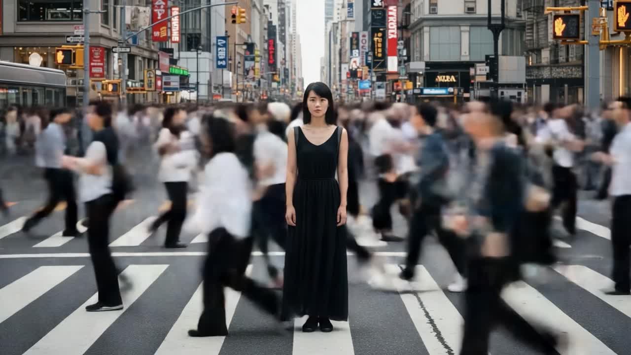 Woman standing amidst a moving crowd in a city crosswalk