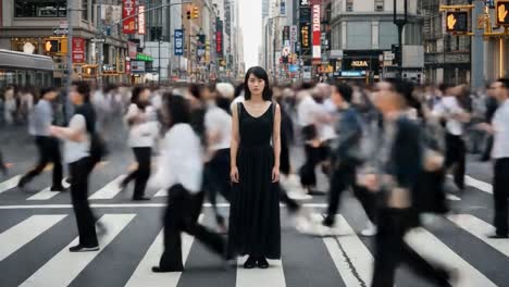 woman standing amidst a moving crowd in a city crosswalk