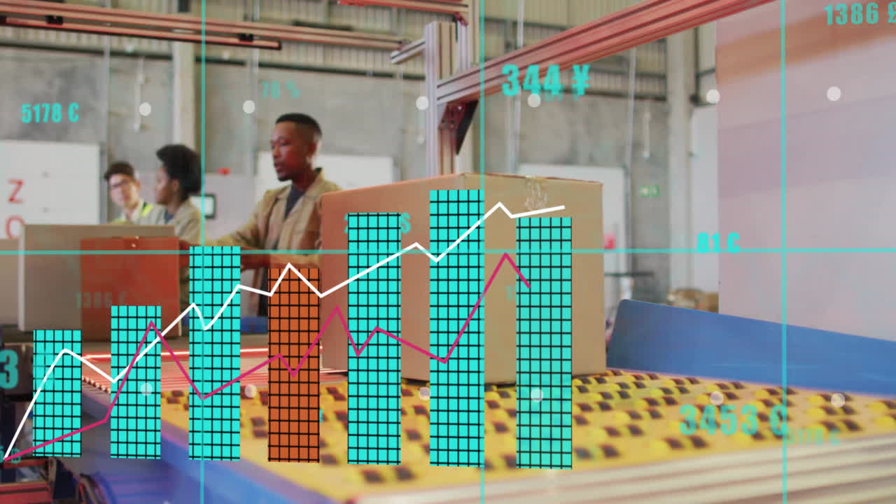 Animation of financial data processing over diverse people working in warehouse