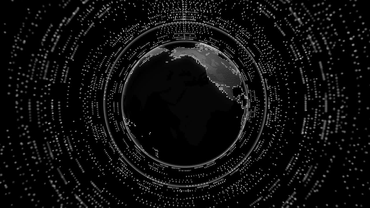 지구의 회전 애니메이션 블랙 앤 화이트 추상적인 스타일의 배경과 이진 코드