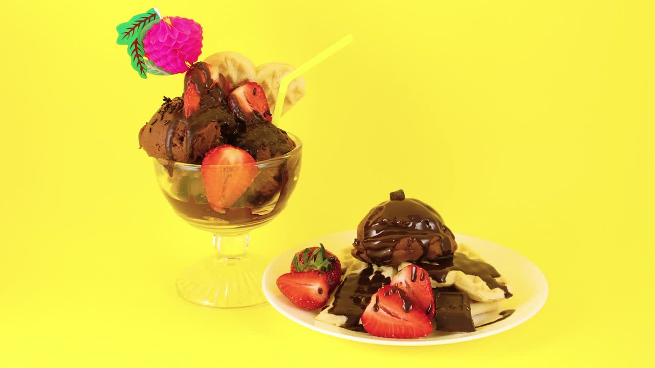 노란색 배경에 맛있는 사막. 사막에 초콜릿 아이스크림과 와플
