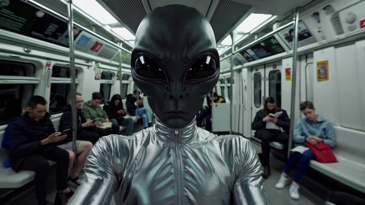 Alien disguised in a spacesuit takes a selfie on a crowded subway car, blending in with the unaware commuters during their daily commute