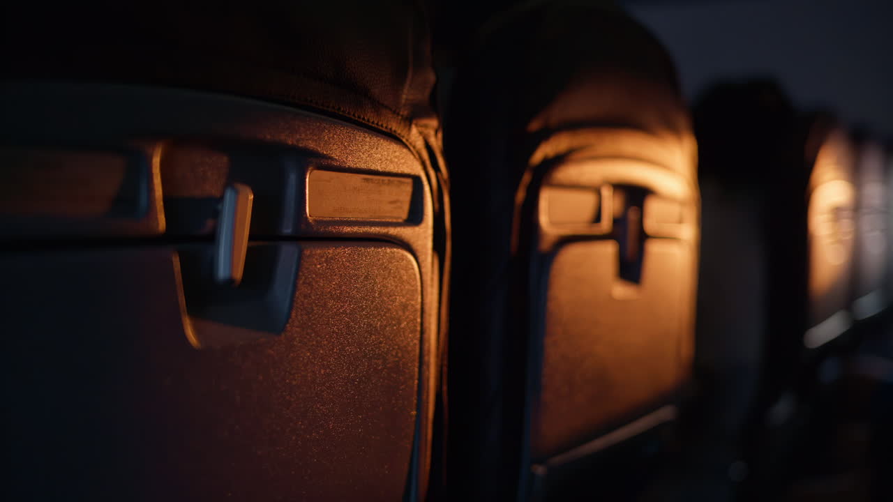 Close up of black airplane seats in sunlight during a flight