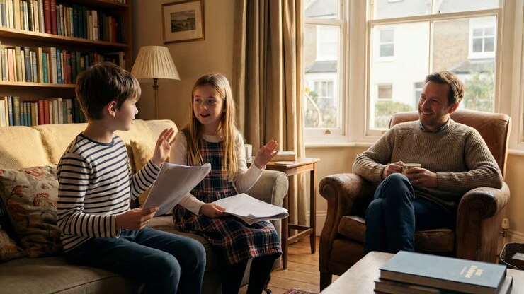 Dreng og pige øver replikker på sofaen, pigen er iført en stribet bluse og en ternet kjole, mens en mand ser til med et krus i hånden