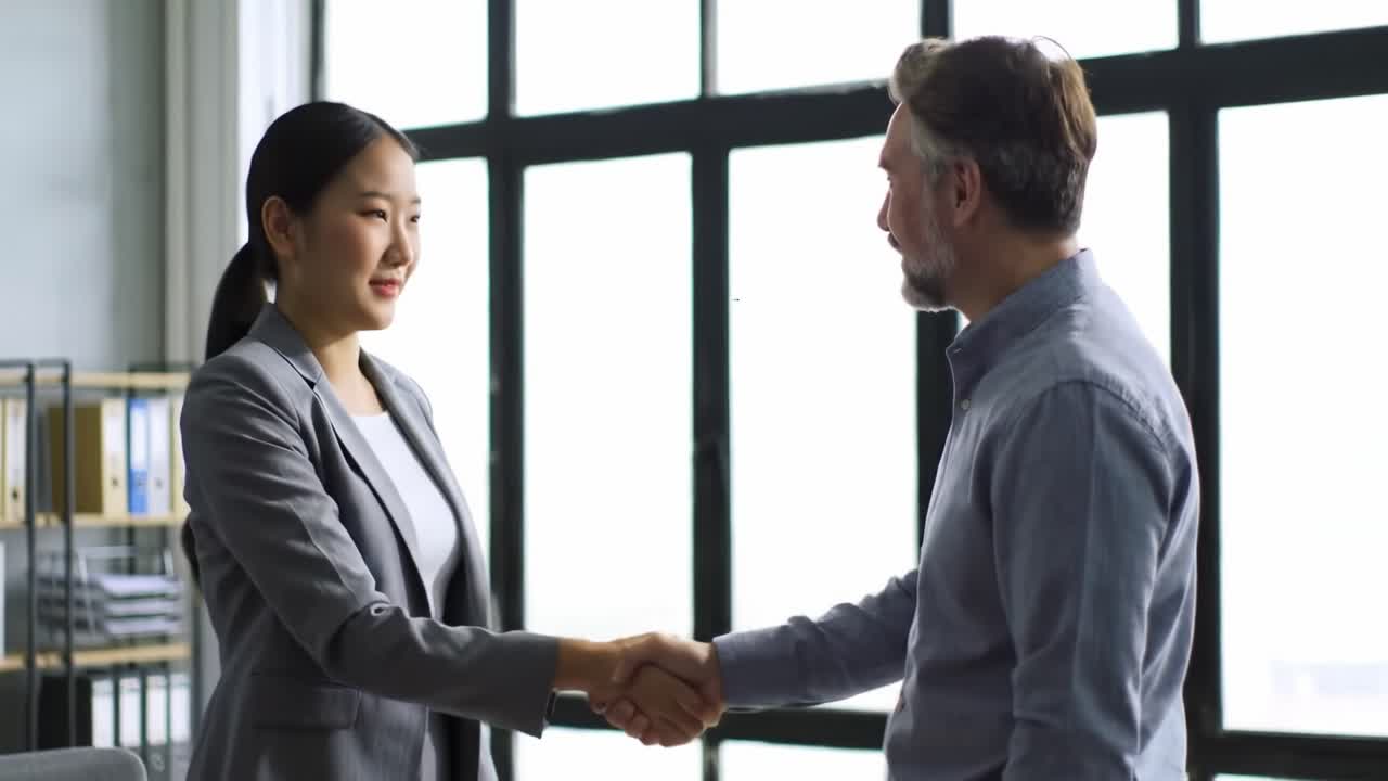 Professional handshake symbolizing collaboration and agreement between two business professionals in a modern office setting, highlighting connection and mutual understanding