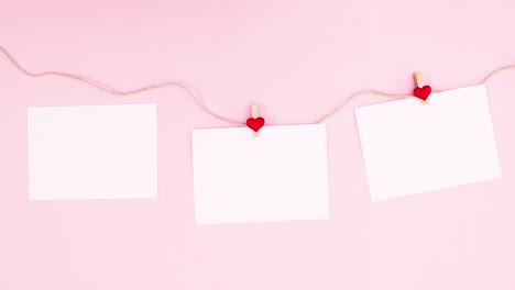 papers hooking on rope for valentine day. romantic decoration with hearts stop motion