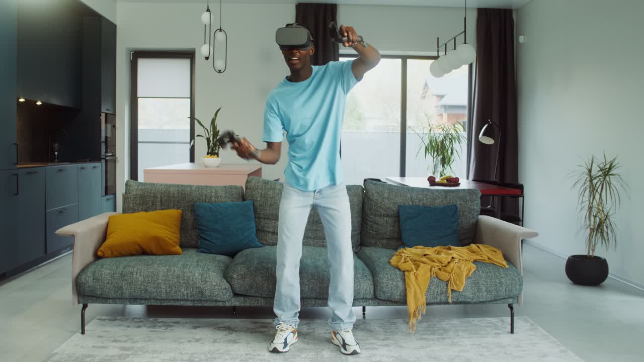 Man Using VR Headset in Living Room