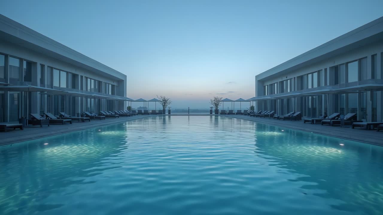 Einbruch der Dämmerung, großer Infinity-Pool, der den Himmel reflektiert und unter beleuchteten Poollichtern in einem Beach Resort kräuselt
