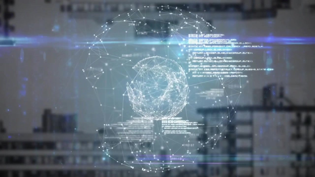 Faint points emerging into 3D globe, visualizing network nodes and code for tech network monitoring