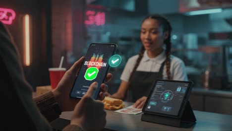 exploring innovative payment solutions: a scene depicting the use of blockchain technology in a fast-food environment with digital transactions and verification