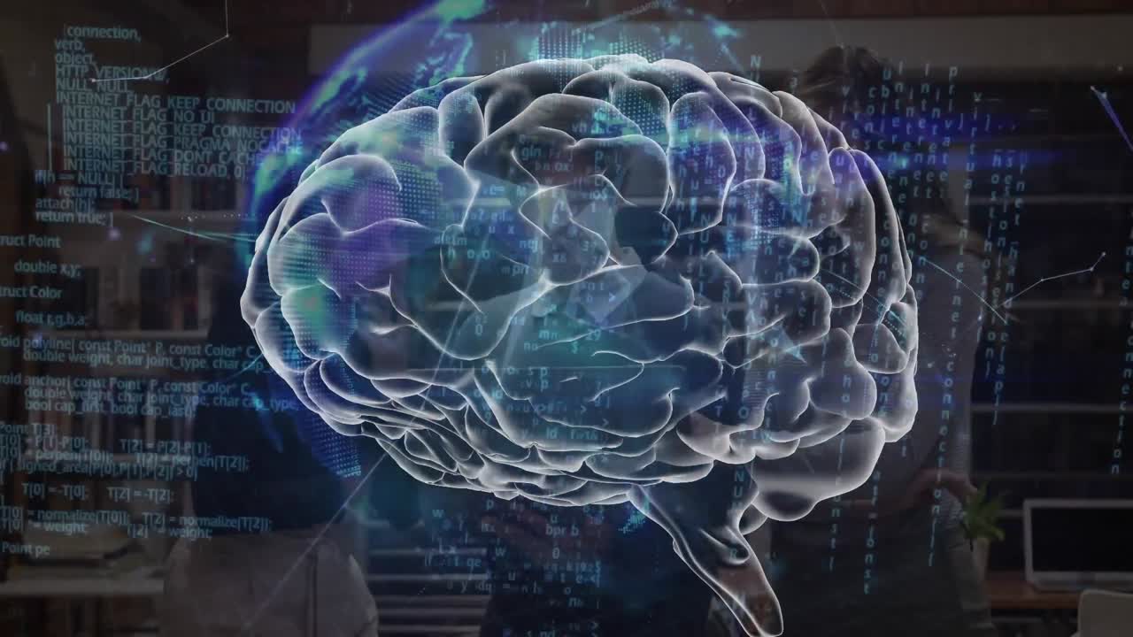 animación del procesamiento de datos y el cerebro sobre diversas personas de negocios en la oficina