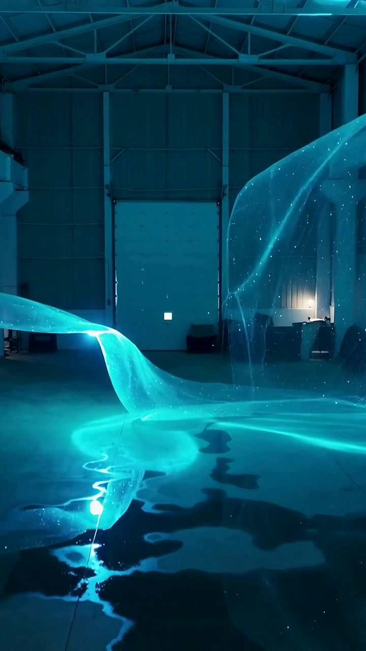 Video verticale: Nastro turchese che emerge e si srotola sul pavimento di un magazzino, riflettendo pozze luminose.