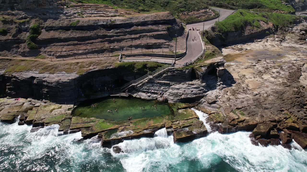 Bogey Hole Pool With Tourists In New South Wales, Australia - Aerial Drone Shot