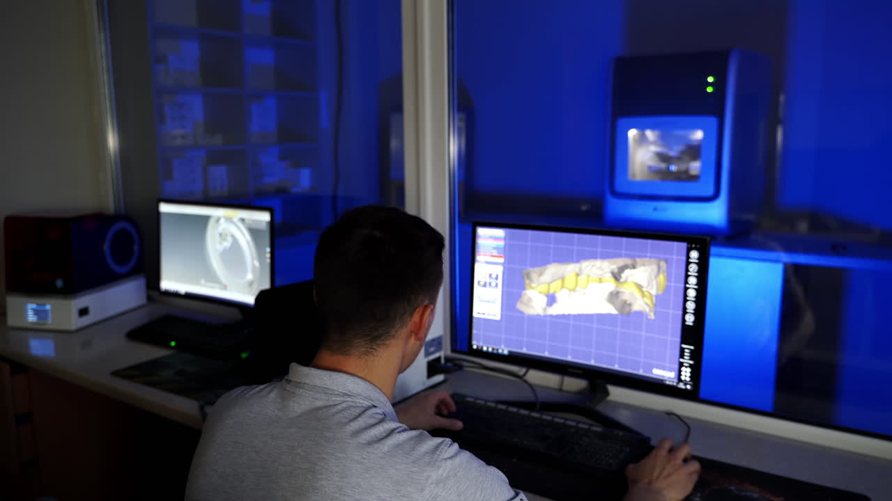 Dental milling machine processing. Process of manufacturing dentures in the dental laboratory