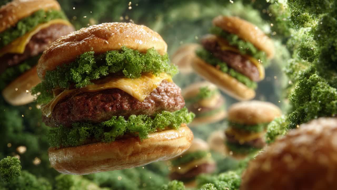 A Visually Enticing Journey into a Floating World of Juicy Burgers Surrounded by Lush Greenery and Dreamy Atmosphere, Perfect for Food Lovers