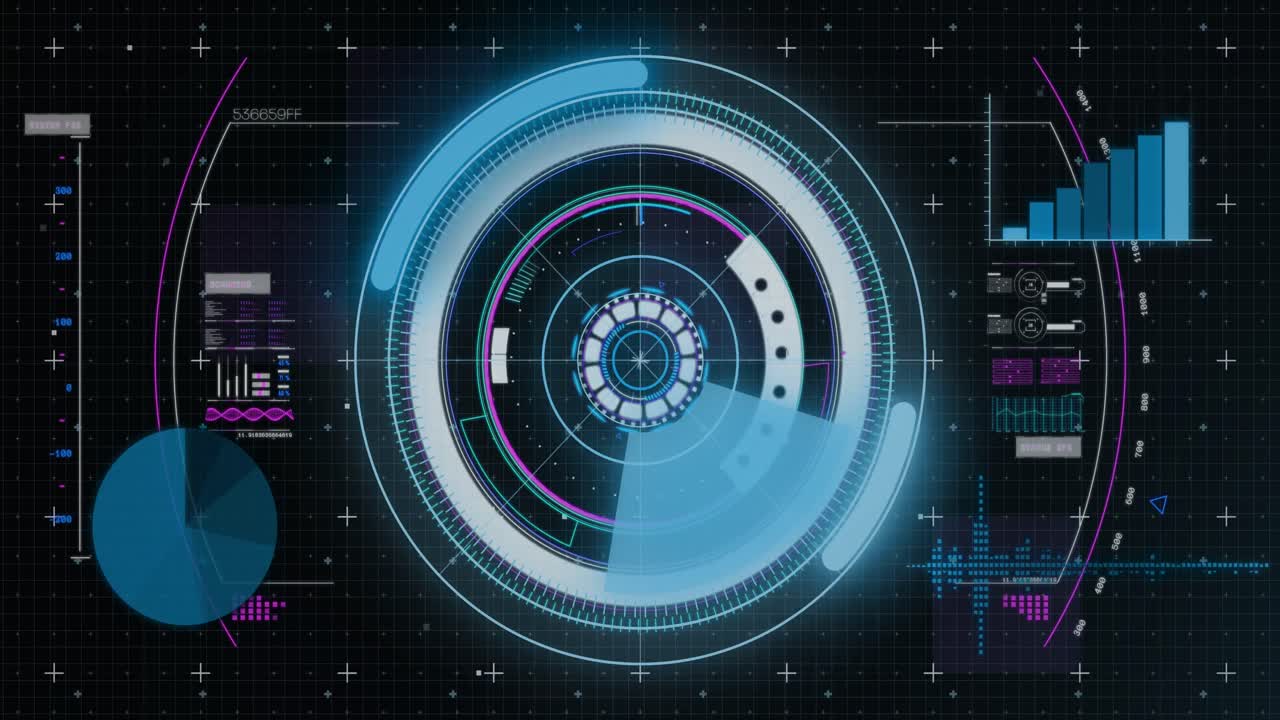 animación del procesamiento de datos sobre cuadrícula y fondo oscuro