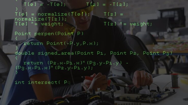 Animation of data processing over diverse male and female engineers working together at factory
