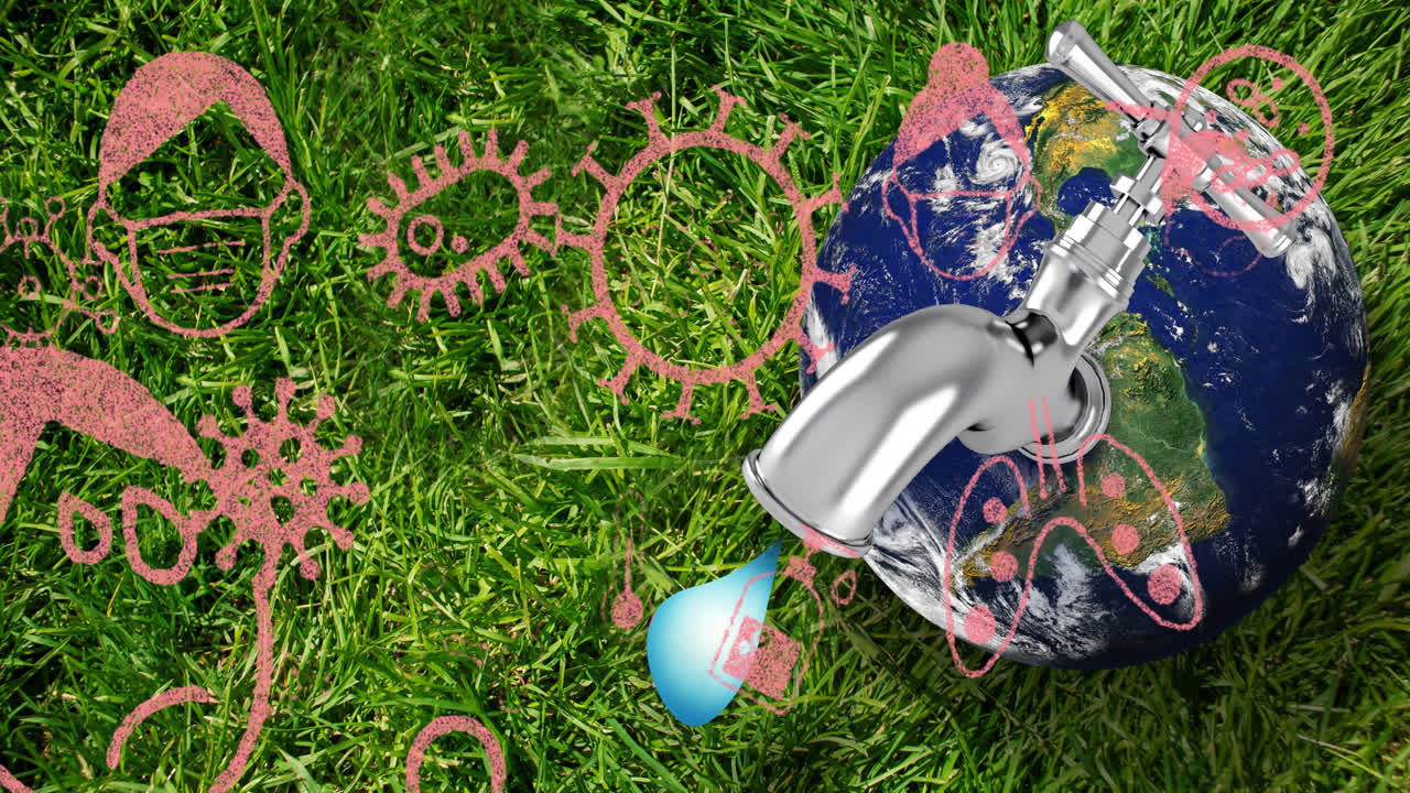 animación de las células covid-19 que caen sobre la hierba y el globo