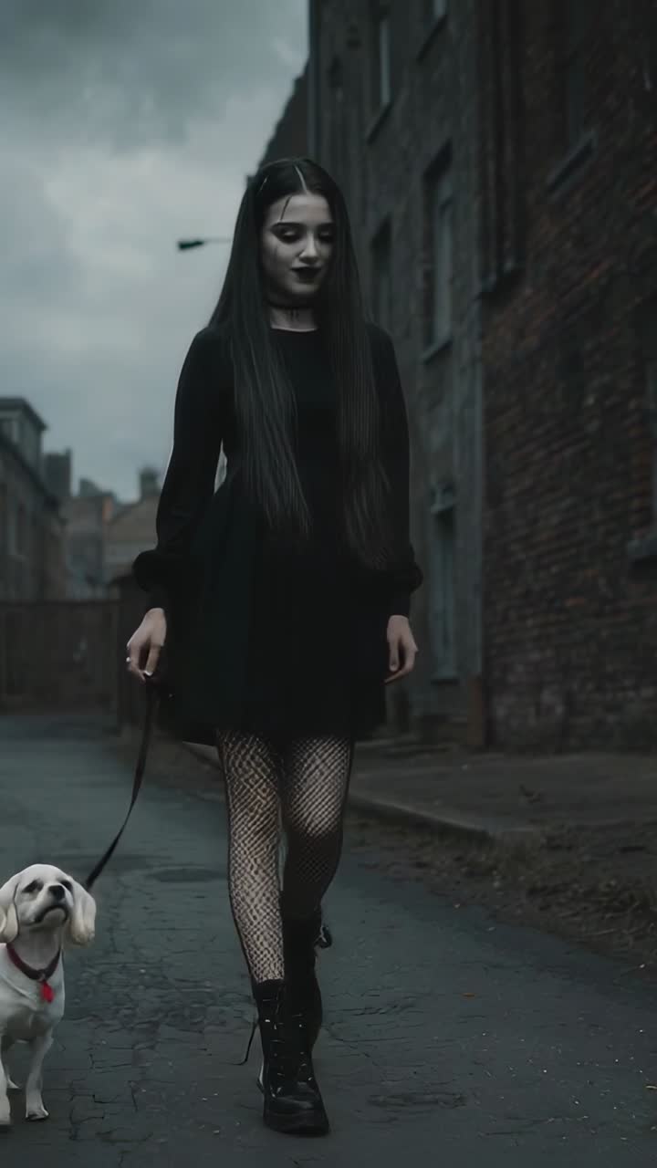 Vertical video: Walking woman in black dress with short leash and small white dog on brick street