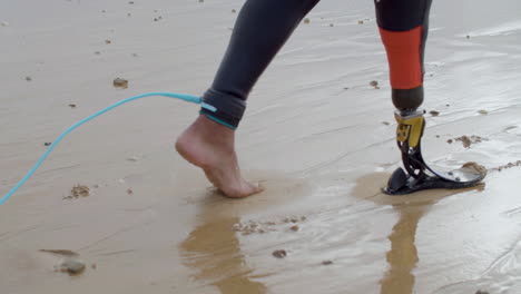 close up of an unrecognizable surfer in wetsuit with bionic leg walking along the seashore